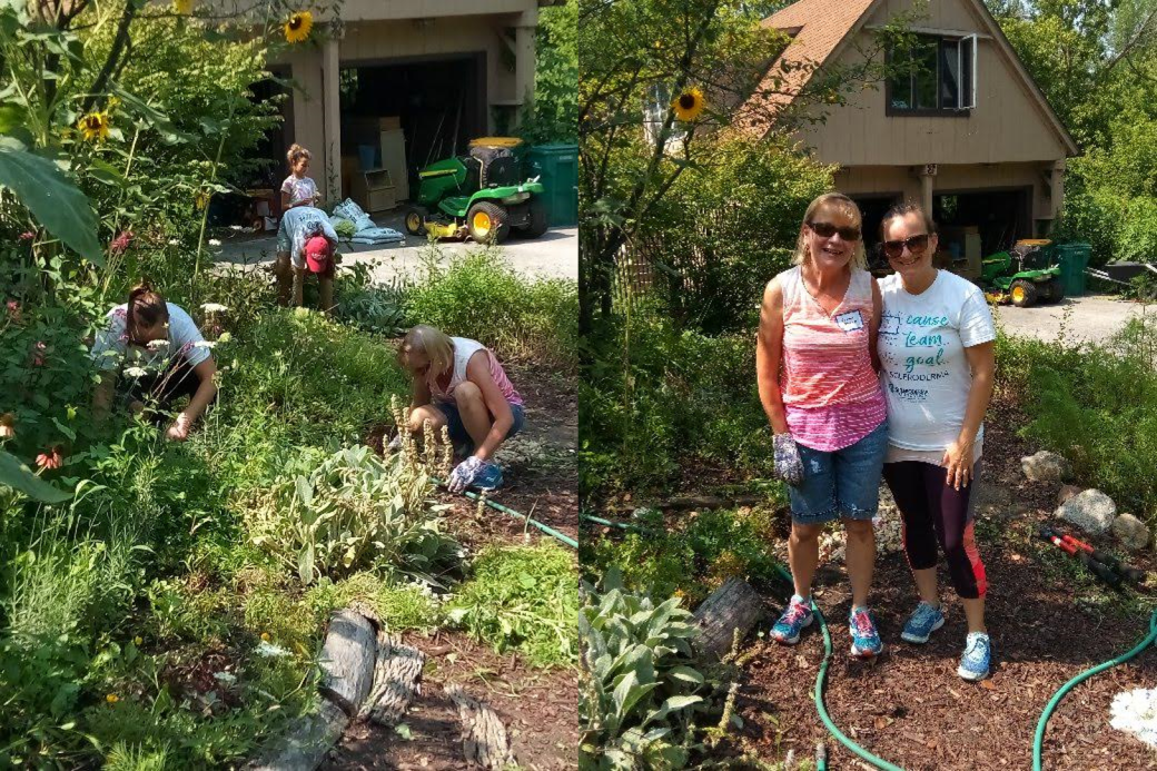 St. Mary Mokena volunteers do yard work.