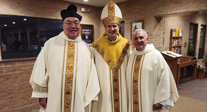 Father Dindo, Bishop Hicks, and Father Sam